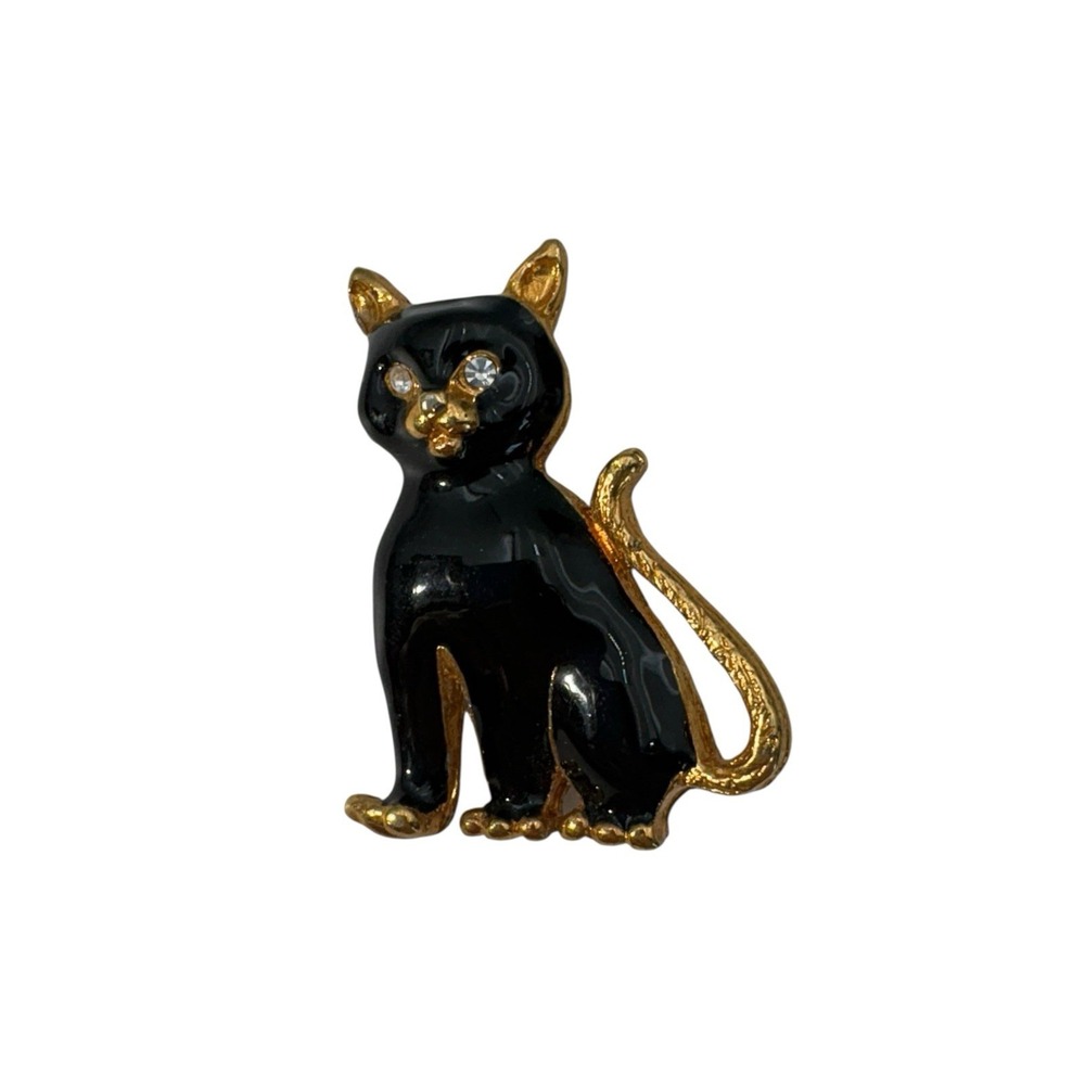 Vintage Gold Tone Black Enamel Rhinestone Eyes Kitty Cat Kitten Brooch Pin